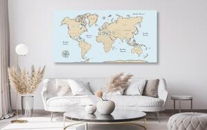 Obraz na korku béžová mapa světa na modrém pozadí - 100x50