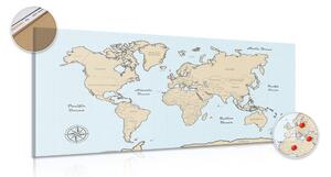 Obraz na korku béžová mapa světa na modrém pozadí - 100x50 color mix