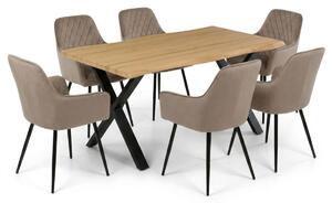 Vikio Jídelní set pro 6 osob 160x90 cm soft dub noha X béžová židle s područkami VJS226-6CA