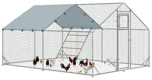 PawHut Výběh pro Slepice se Střechou, Ocelový Kurník / Výběh 12 m² pro 12–18 Slepic, UV a Voděodolný 420D Kryt, Krmná Dvířka, Závěsné Krmítko a Bidýlk