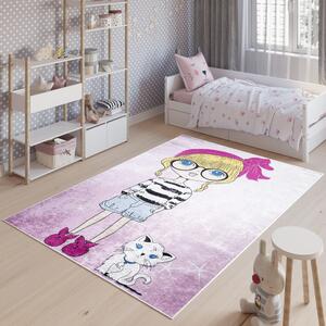 Chemex Dětský koberec Emma Kids - dívka a kočička - růžový Rozměr koberce: 80x150 cm
