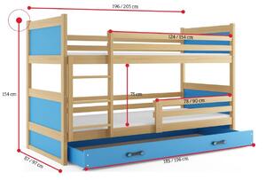 Patrová postel FIONA 2 COLOR + úložný prostor + matrace + rošt ZDARMA, 90x200 cm, grafit, blankytná