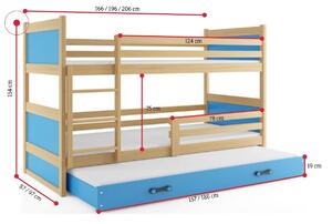 Patrová postel RICO 3 COLOR + matrace + rošt ZDARMA 3, 90x200 cm, borovice, blankytná