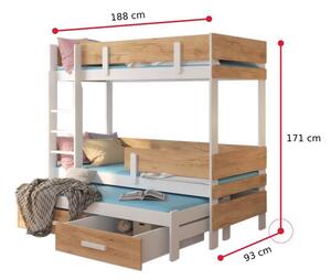 Dětská patrová postel ETAPO + 3x matrace, 80x180, bílá/dub zlatý