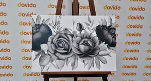 Obraz okouzlující kombinace květů a listů v černobílém provedení