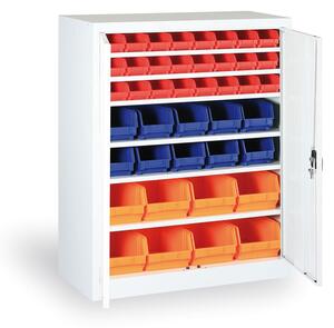 Skříň s plastovými boxy BASIC - 1150 x 400 x 920 mm, 16xA/12xB/8xC, šedá/šedé dveře