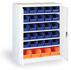 Skříň s plastovými boxy BASIC - 1150 x 400 x 920 mm, 30xB/4xC, šedá/modré dveře