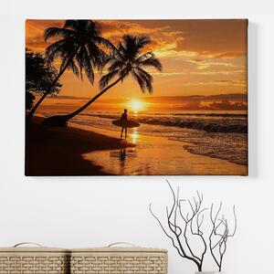 Obraz na plátně - Surfař pod palmami při západu slunce FeelHappy.cz Velikost obrazu: 210 x 140 cm
