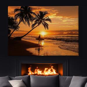 Obraz na plátně - Surfař pod palmami při západu slunce FeelHappy.cz Velikost obrazu: 210 x 140 cm