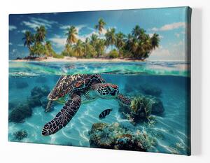 Obraz na plátně - Mořská želva a palmový ostrov FeelHappy.cz Velikost obrazu: 90 x 60 cm