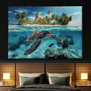 Obraz na plátně - Mořská želva a palmový ostrov FeelHappy.cz Velikost obrazu: 40 x 30 cm