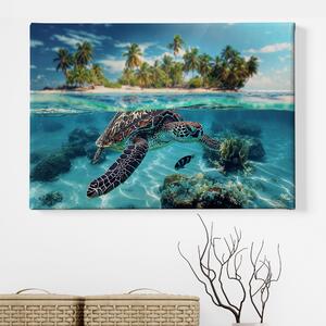 Obraz na plátně - Mořská želva a palmový ostrov FeelHappy.cz Velikost obrazu: 150 x 100 cm