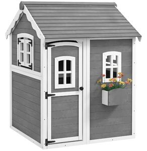 Dětský domeček Outsunny pro děti ve věku 3-8 let se 6 okny a květináčem, dřevěný domeček, 104,5x110x137 cm, Šedý | Aosom
