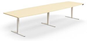 AJ Produkty Jednací stůl QBUS, výškově nastavitelný, ve tvaru sudu, 4000x1200 mm, bílá podnož, bříza