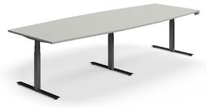 AJ Produkty Jednací stůl QBUS, výškově nastavitelný, ve tvaru sudu, 3200x1200 mm, černá podnož, světle šedá