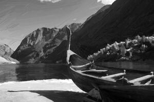 Obraz dřevěná vikingská loď v černobílém provedení