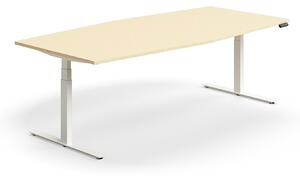 AJ Produkty Jednací stůl QBUS, výškově nastavitelný, ve tvaru sudu, 2400x1200 mm, bílá podnož, bříza