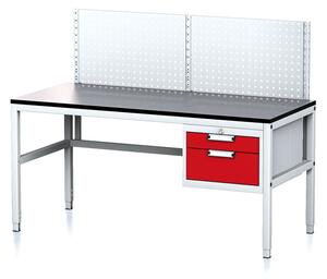 Alfa 3 Nastavitelný dílenský stůl MECHANIC II s perfopanelem, 2 zásuvkový box na nářadí, 1600x700x745-985 mm, šedá/červená