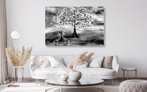 Obraz volavky pod magickým stromem v černobílém provedení