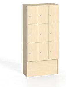 Dřevěná odkládací skříňka s úložnými boxy, 9 boxů, 1700 x 900 x 420 mm, cylindrický zámek, bříza