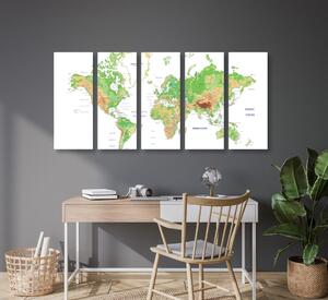 5-dílný obraz klasická mapa světa s bílým pozadím