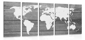 5-dílný obraz černobílá mapa světa s dřevěným pozadím