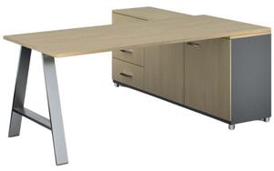 Rohový kancelářský psací stůl PRIMO STUDIO, skříňka vlevo, 1800 x 800 mm, šedá / bříza