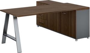 Rohový kancelářský psací stůl PRIMO STUDIO, skříňka vlevo, 1800 x 800 mm, šedá / ořech
