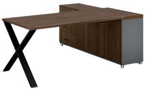 Rohový kancelářský psací stůl PRIMO PROTEST, skříňka vlevo, 1800 x 800 mm, šedá / ořech