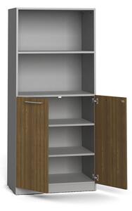Kombinovaná kancelářská skříň PRIMO, nízké dveře, 800 x 500 x 1781 mm, šedá / ořech