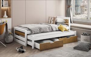 Dětská postel z masivu borovice CALVIN s přistýlkou a šuplíky - 200x90 cm - bílá/dub