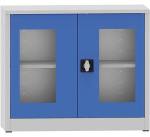 Svařovaná policová skříň s prosklenými dveřmi, 800 x 950 x 400 mm, šedá/modrá