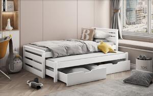 Dětská postel z masivu borovice CALVIN s přistýlkou a šuplíky - 200x90 cm - bílá