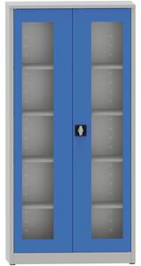 Svařovaná policová skříň s prosklenými dveřmi, 1950 x 950 x 400 mm, šedá/modrá
