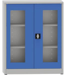 Svařovaná policová skříň s prosklenými dveřmi, 1150 x 950 x 400 mm, šedá/modrá