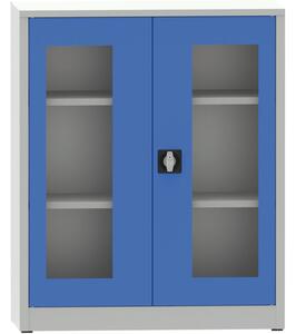 Svařovaná policová skříň s prosklenými dveřmi, 1150 x 950 x 500 mm, šedá/modrá