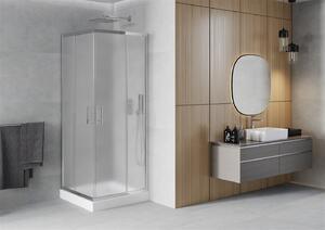 Mexen Rio, čtvercový sprchový kout s posuvnými dveřmi 80 x 80 cm, 5mm sklo námraza, chromový profil + bílá vysoká sprchová vanička Rio, 860-080-080-01-30-4510
