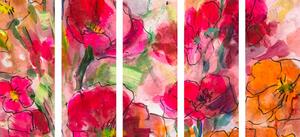 5-dílný obraz malované květinové zátiší