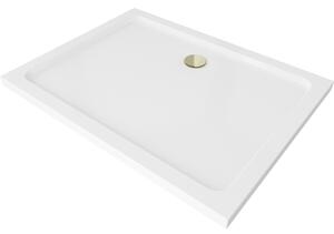 Mexen Flat obdélníková vanička do sprchového koutu slim 80 x 70 cm, Bílá, sifon Zlatá