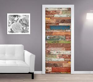 Samolepící fototapeta na dveře 95x210cm - barevná dřevěná stěna, 666190