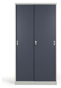 Kovová skříň s posuvnými dveřmi, demontovaná, 4 police, 1000 x 1990 x 450 mm, tmavě šedá