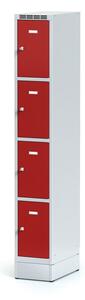 Alfa 3 Plechová šatní skříňka na soklu s úložnými boxy, 4 boxy, červené dveře, otočný zámek