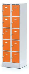 Alfa 3 Kovová šatní skříňka na soklu s úložnými boxy, 10 boxů, oranžové dveře, otočný zámek