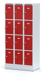 Alfa 3 Kovová šatní skříňka na soklu s úložnými boxy, 12 boxů, červené dveře, cylindrický zámek