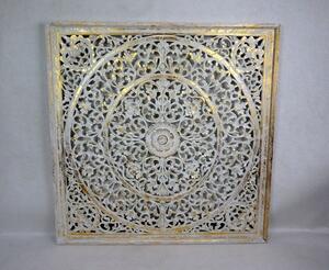 Dekorace na stěnu MANDALA zlatá/bílá, 100x100 cm, exotické dřevo, ruční práce