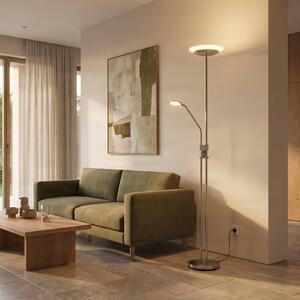 Lindby LED stojací lampa Jonne, kulatá, s ramenem na čtení, stmívatelné, 180 cm, stmívatelný, Hliník / šedá / zinek, Obývací pokoj / jídelna, kov, Moderní, Lampička na čtení