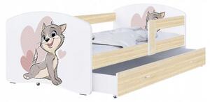Dětská postel LUKI se šuplíkem DUB SONOMA 160x80 vzor KOČIČKA