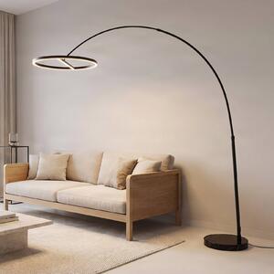 Lucande LED oblouková stojací lampa Virvera, kulatá, černá, kovová, Černá, Obývací pokoj / jídelna, Hliník, Moderní