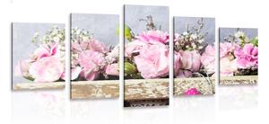 5-dílný obraz květiny karafiátu v dřevěné bedničce
