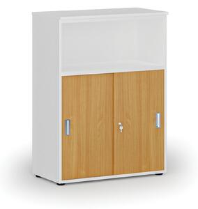 Kombinovaná kancelářská skříň se zásuvnými dveřmi PRIMO WHITE, 1087 x 800 x 420 mm, bílá/buk